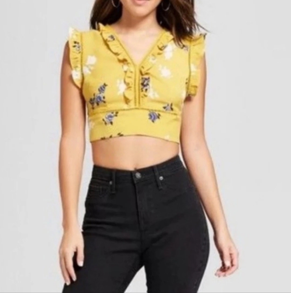 Vintage Y2k Xhilaration Wrap Ruffle Crop Top Yellow Floral Rose Back Tie Beach S